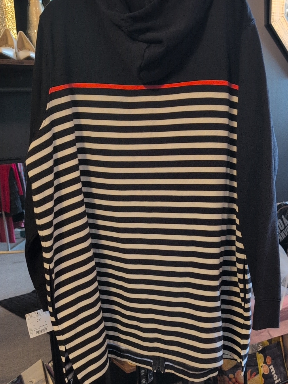 Liz Claiborne Black Hooded Zip Cardigan with White Stripes and Red Accent - Picture 7 of 7